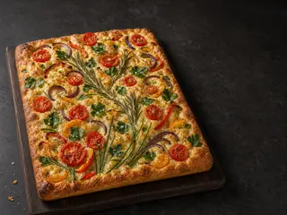 Whole baked herb garden focaccia with roasted cherry tomatoes, sweet peppers, red onion, rosemary, chives, and parsley