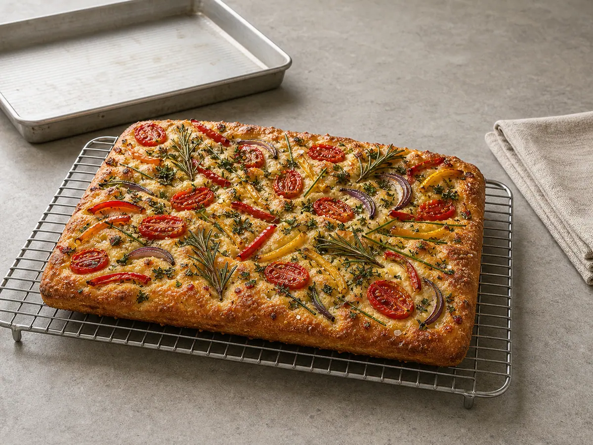 Focaccia con jardín de hierbas bien dorada enfriándose sobre una rejilla, con ingredientes asados y la corteza inferior dorada