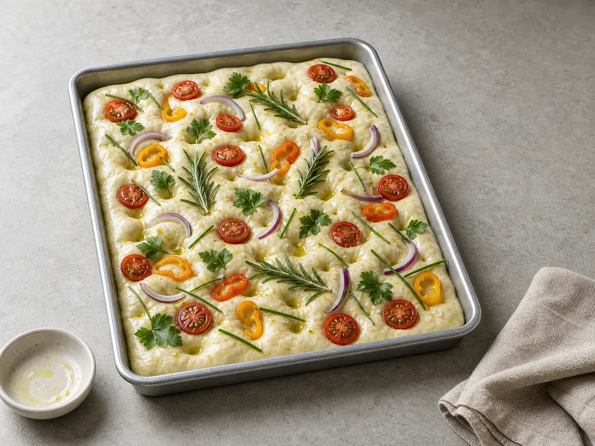 Focaccia cruda con hoyuelos, decorada con tomates cereza, pimientos dulces pequeños, cebolla morada, ramitas de romero fresco, cebollino fresco, perejil fresco de hoja plana y sal marina en hojuelas antes de hornear