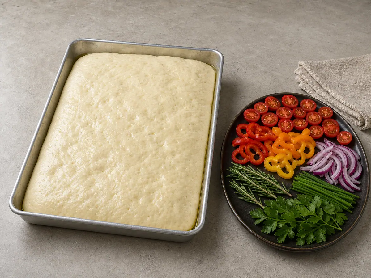 Masa de focaccia inflada en el molde aceitado, junto a los ingredientes del jardín ya cortados y bien secos