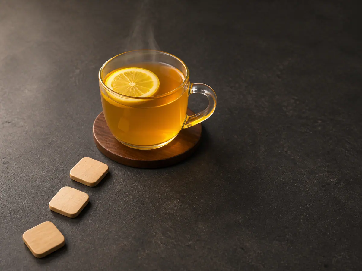 Clear mug of amber honey ginger tea with a lemon wheel at the end of a short path of blank wooden tokens