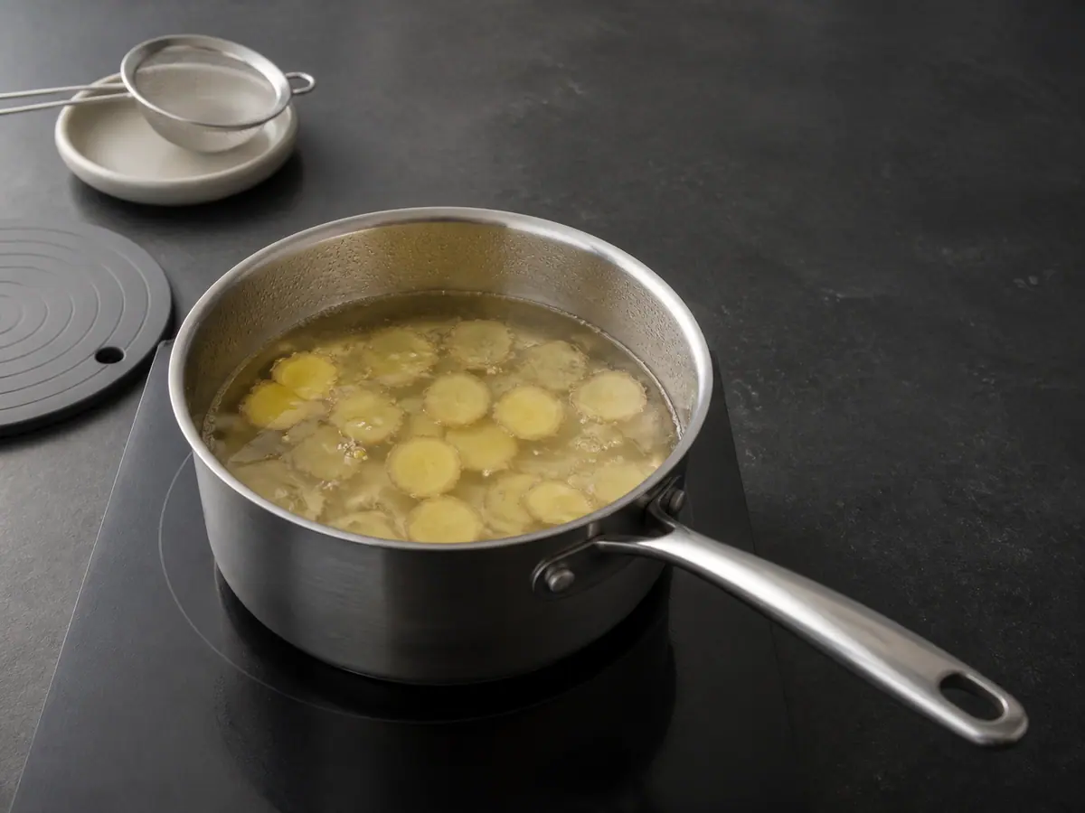 Fresh ginger coins simmering gently in pale-gold water in a saucepan