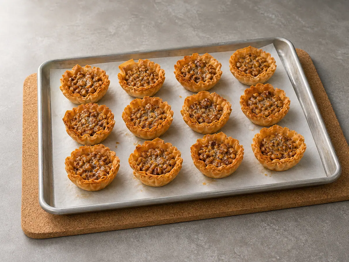 Twelve baked honey walnut tartlets with deep-golden shells and gently bubbling centers