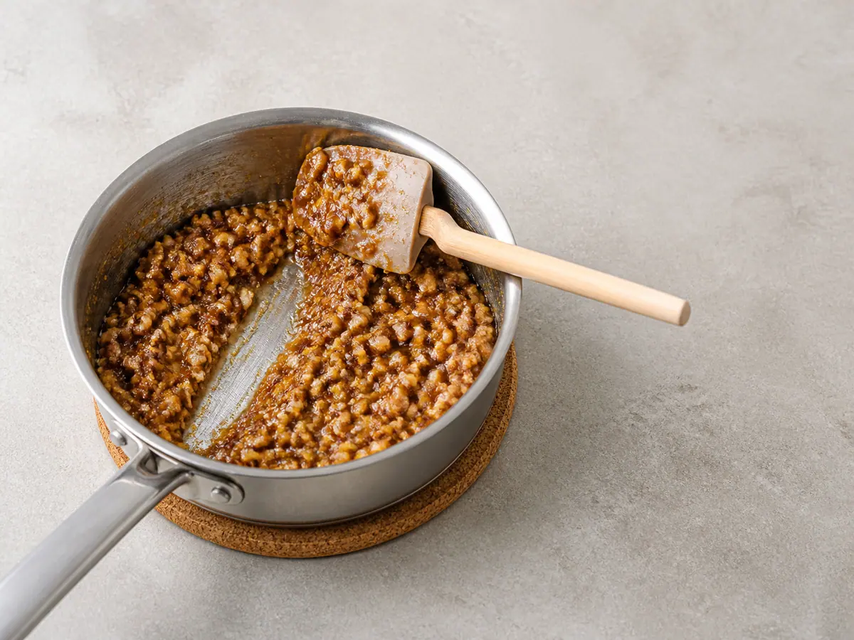 Glossy honey walnut filling coating a spatula and leaving a clean trail in the saucepan