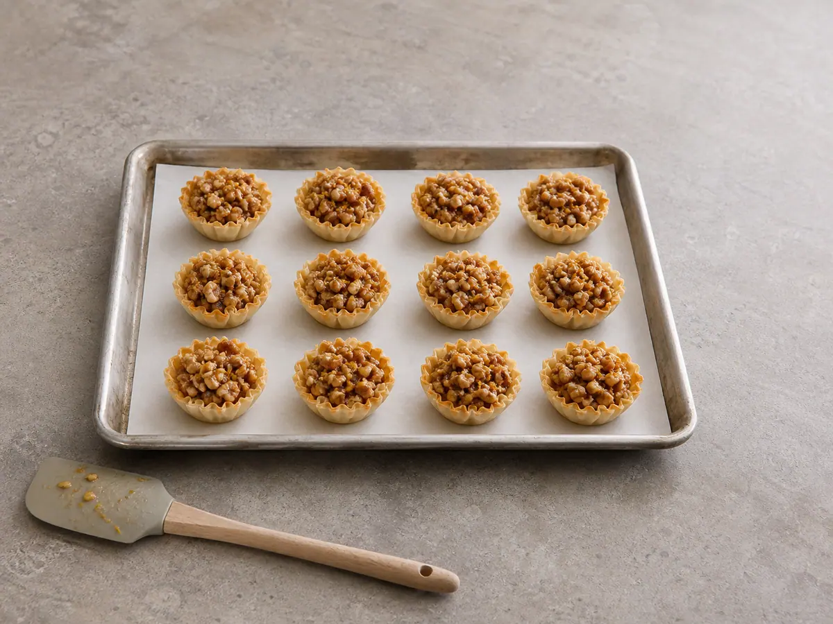 Twelve mini phyllo shells filled just below the rim with warm honey walnut mixture