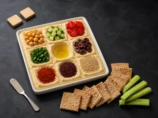 Travessa quadrada de hummus com nove quadrados coloridos de cobertura e pedaços de pão sírio