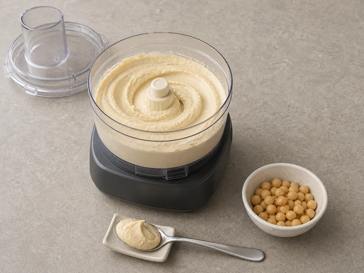 Smooth thick hummus holding a soft ridge after blending
