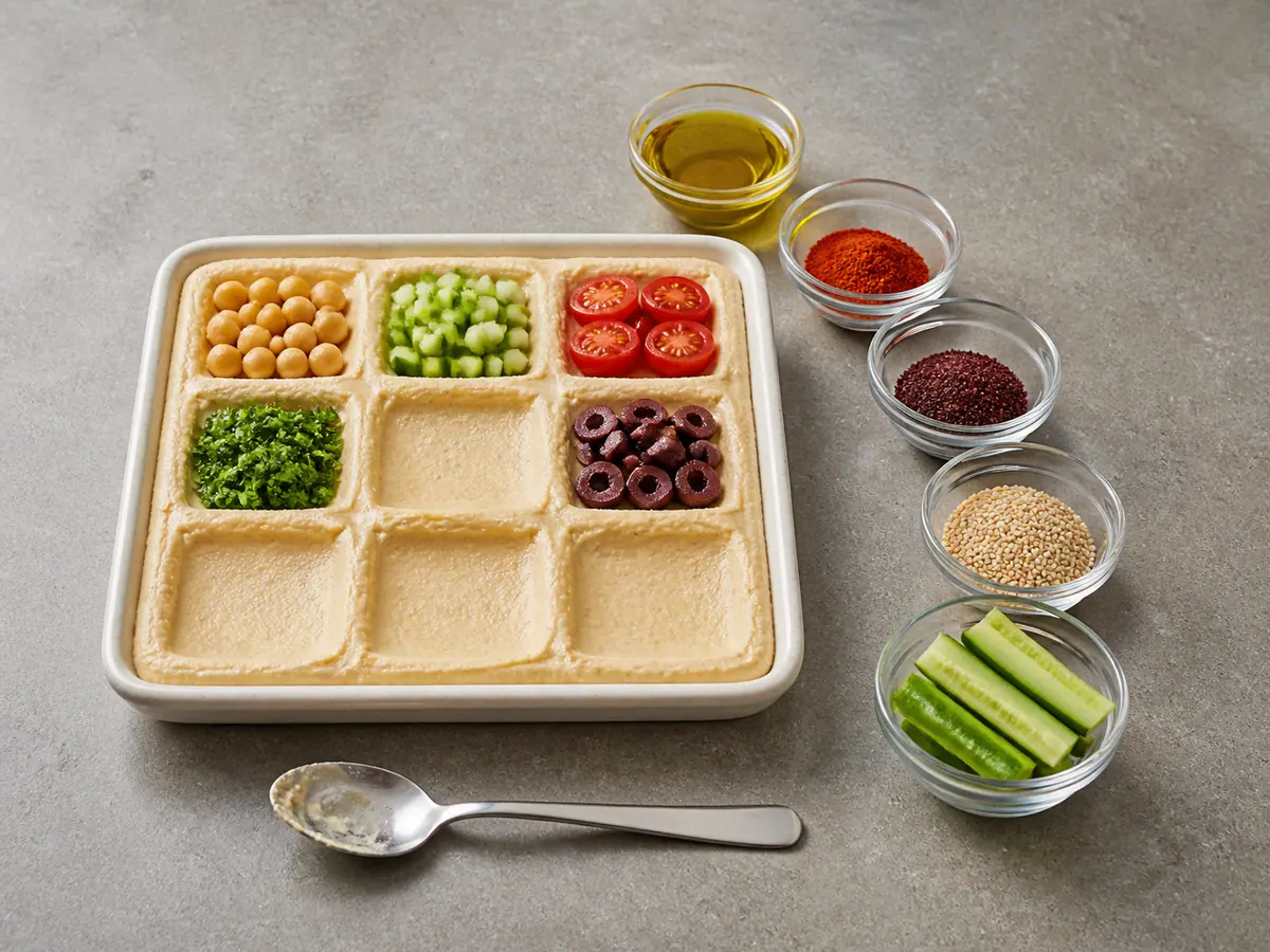 Square hummus platter divided into topping tiles during assembly