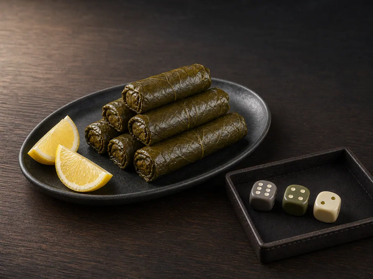 Stepped stack of six vegetarian stuffed grape leaves with lemon and a neutral dice tray