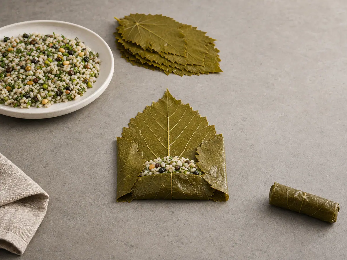 Grape leaf folded around rice and herb filling before the final roll