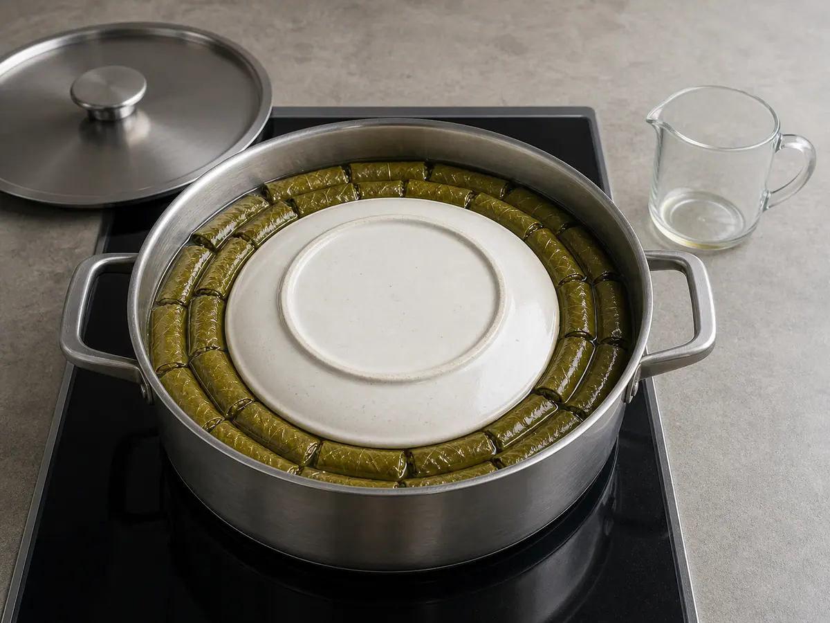 Stuffed grape leaves packed seam-side down beneath a heatproof plate