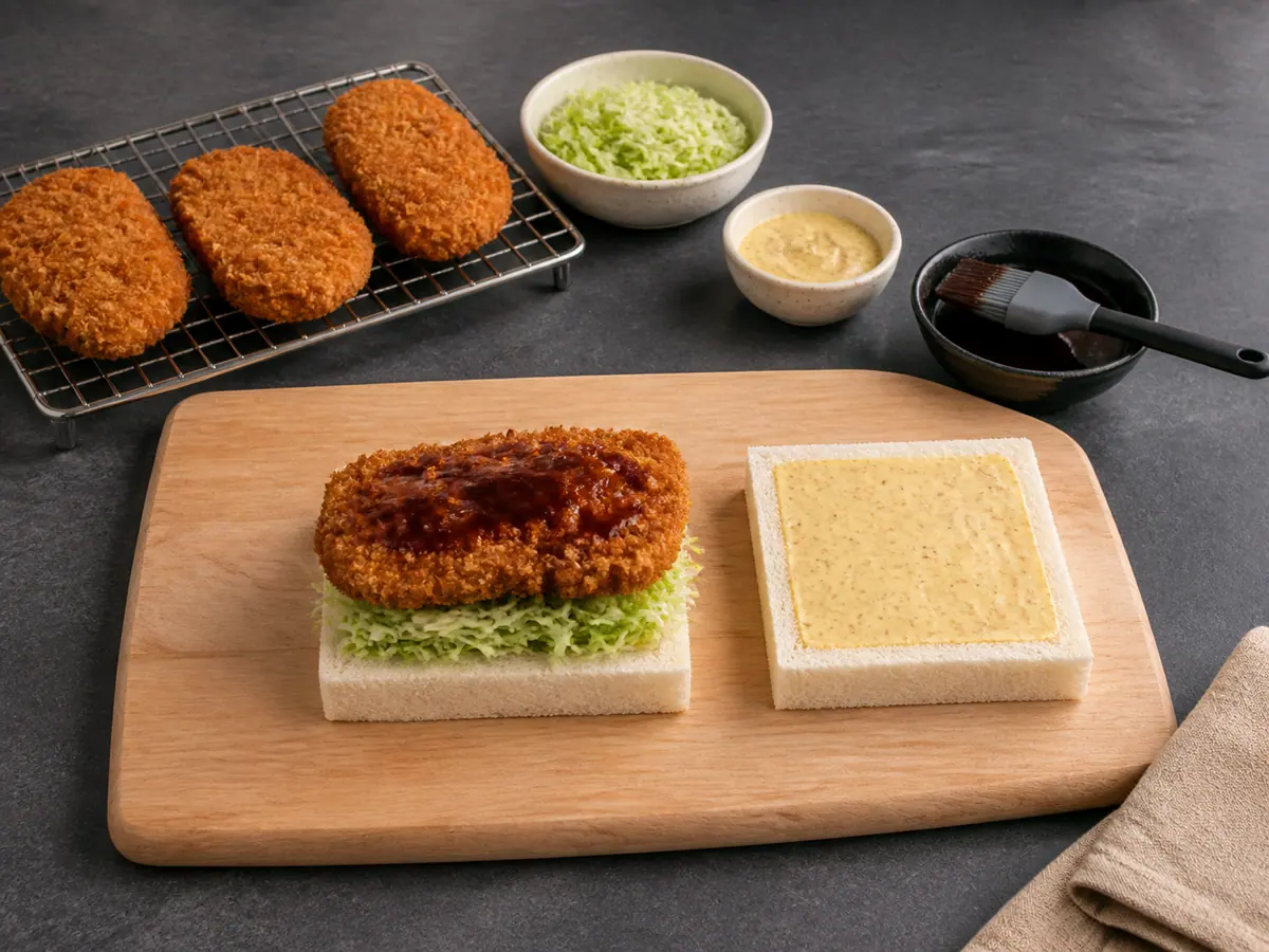 Open katsu sando assembly with mustard bread, squeezed cabbage, cooked pork cutlet, and tonkatsu sauce before pressing