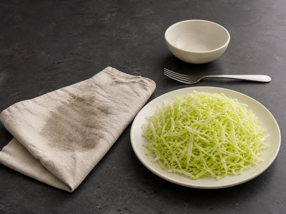Finely shredded cabbage pressed dry and fluffed on a plate beside a damp kitchen towel
