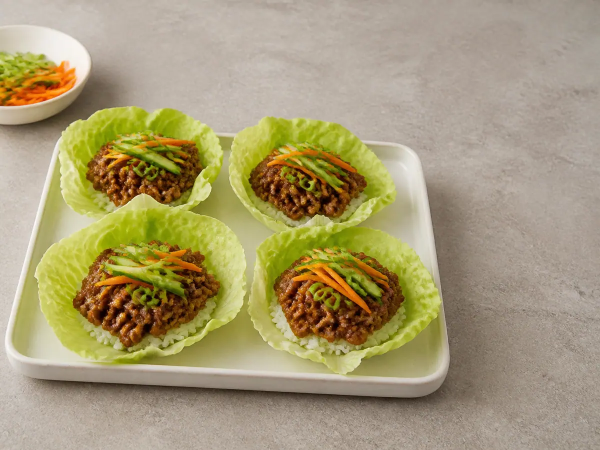 Cuatro hojas de lechuga rellenas con carne, arroz y vegetales, armadas antes de terminar con sésamo