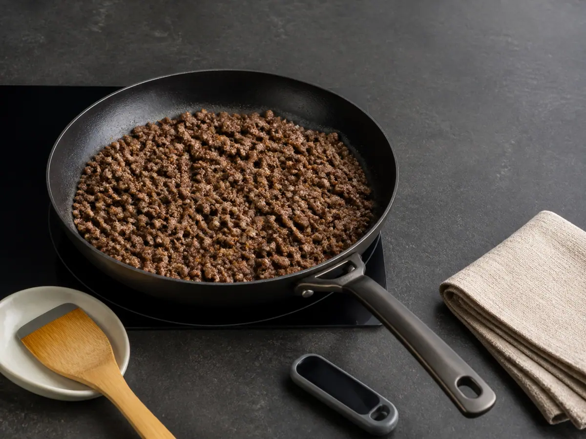 Carne molida de res completamente cocida y dorada en una sartén antes de agregar los aromáticos y la salsa