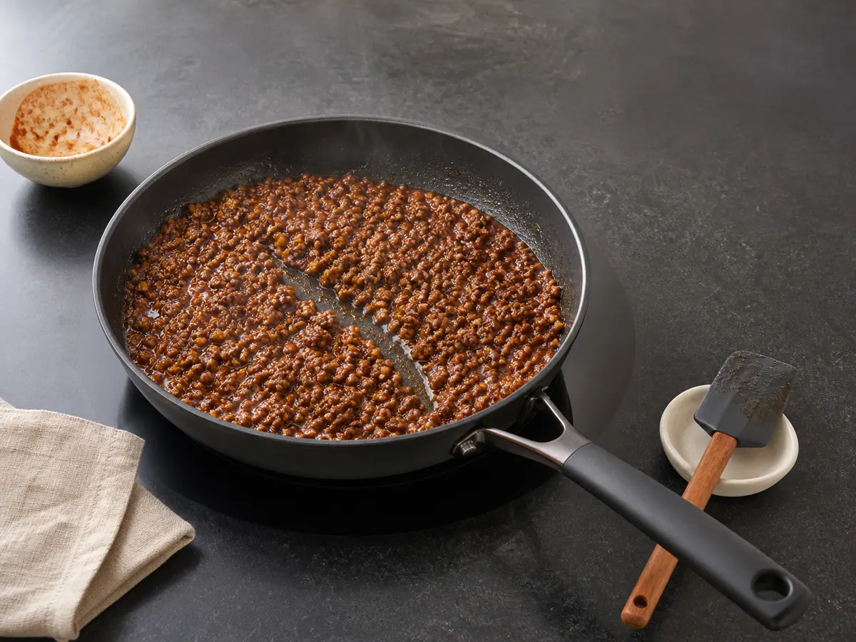 Carne molida completamente cocida y cubierta con una salsa brillante de gochujang, dulce y picante, en una sartén