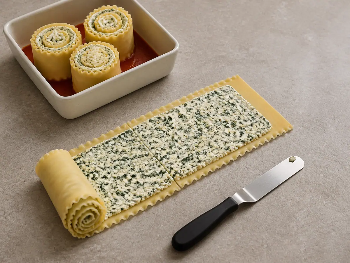 Two lasagna noodles overlapped and partly rolled around spinach ricotta filling beside three upright spirals