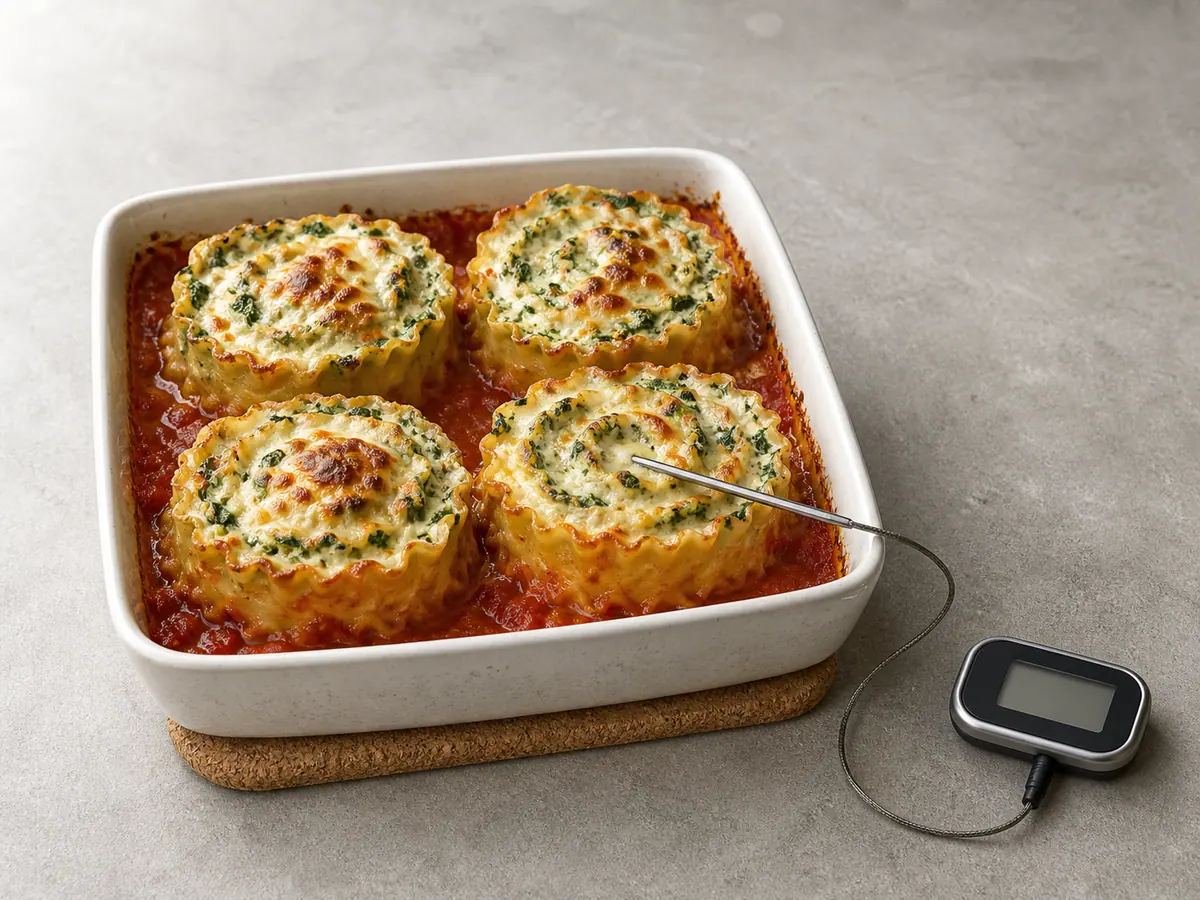 Four browned spinach ricotta lasagna spirals bubbling in tomato sauce with a thermometer probe checking one center