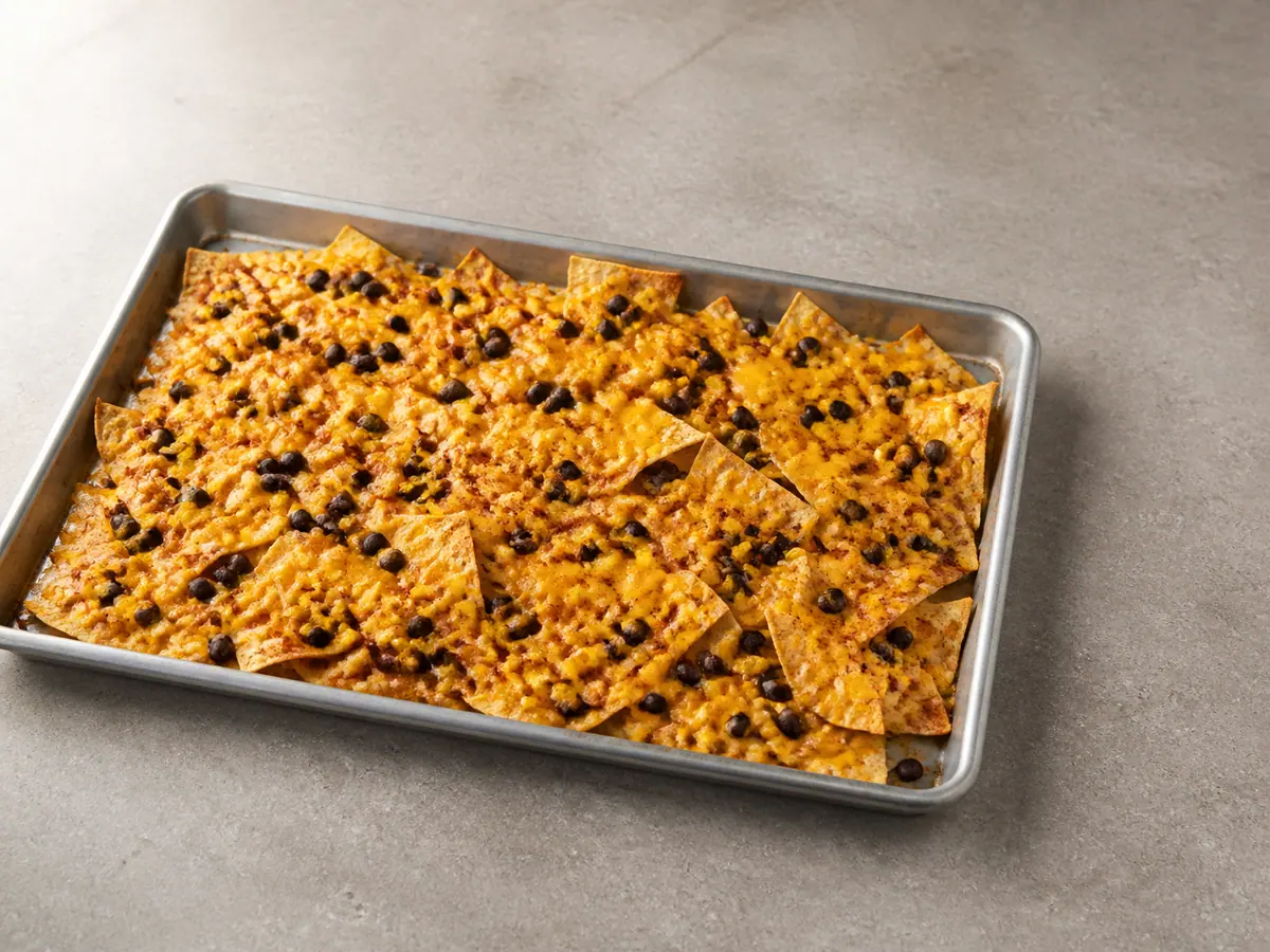 Nachos en capas horneados con el cheddar completamente derretido y las puntas de los chips ligeramente tostadas antes de añadir los ingredientes frescos