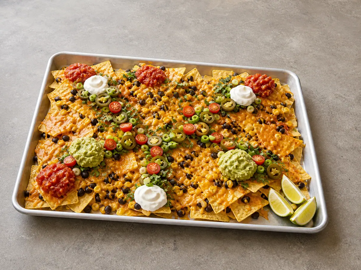 Nachos en capas con puntos separados de salsa, aguacate y crema agria conectados por rutas de ingredientes frescos y gajos de limón verde