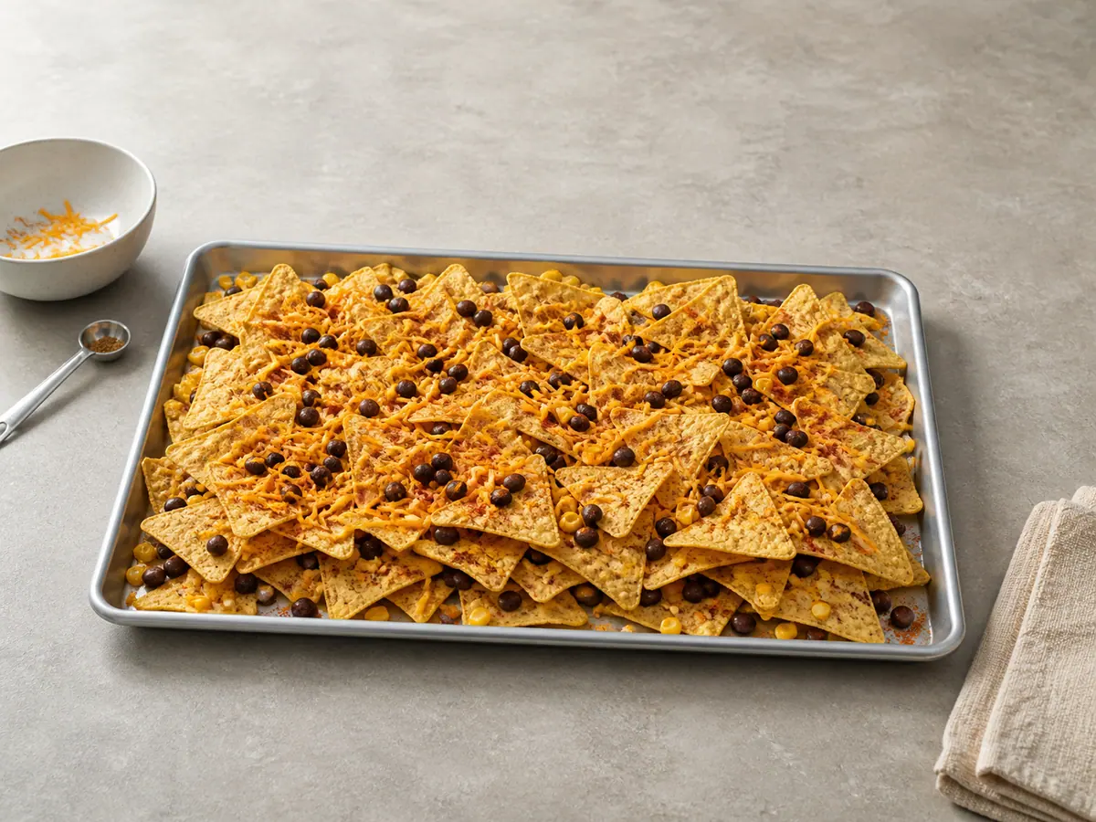 Dos capas sueltas de nachos con frijoles, maíz, especias y cheddar sin derretir antes de hornear