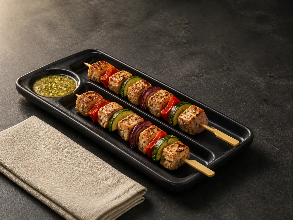 Two lemon-herb chicken and vegetable skewers on a dark compartment tray with finishing dressing