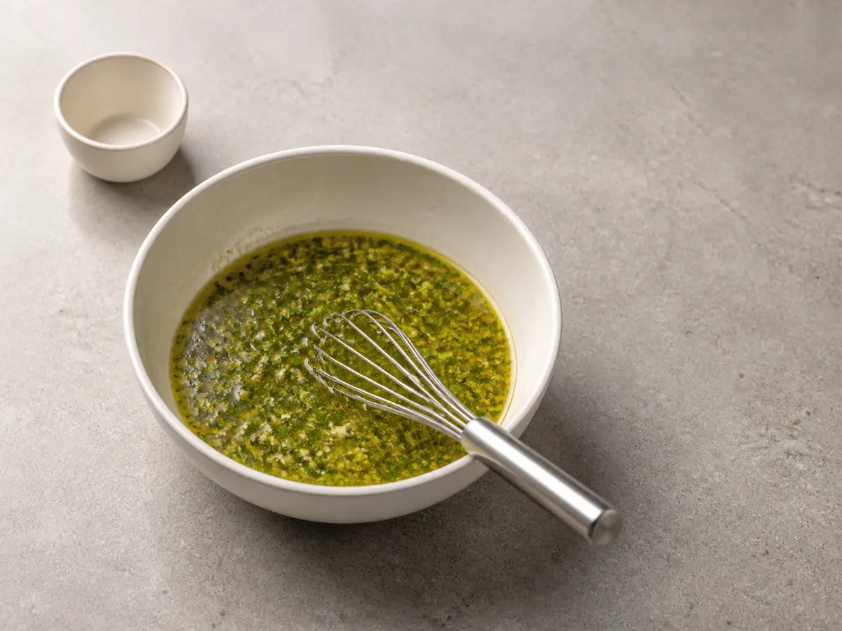 Loose lemon-herb dressing whisked until glossy and evenly flecked before raw chicken is added
