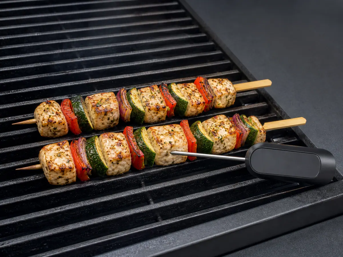 Fully cooked chicken and vegetable skewers with a thermometer probe inserted into the thickest chicken cube