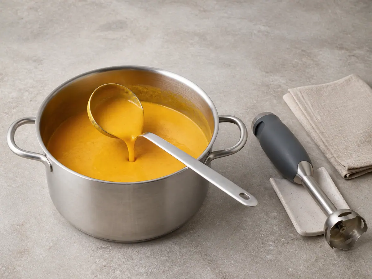Smooth golden lentil soup coating a ladle after blending
