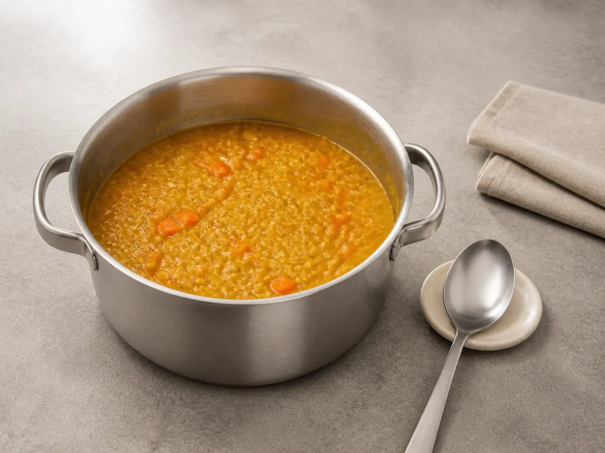 Collapsed red lentils and tender carrots simmered and ready for blending