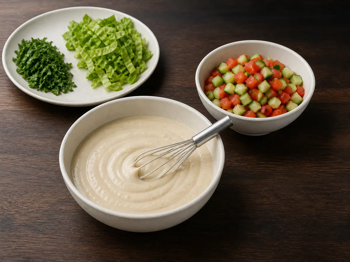 Salsa espesa de tahini con limón junto a cubos de pepino y tomate sin exceso de humedad, lechuga romana en tiras y perejil picado
