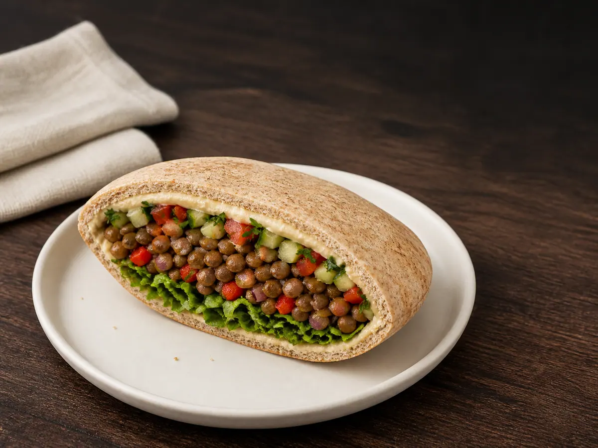 Una pita rellena de lentejas por debajo de un borde superior limpio, sobre un plato sencillo