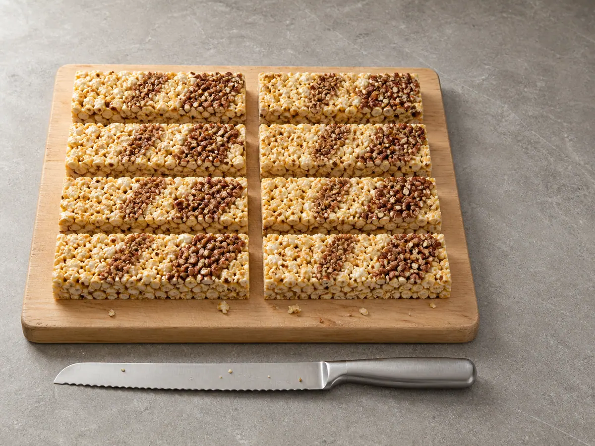 Ocho barritas de palomitas con maple y nuez pecana cortadas en cuatro filas por dos columnas, cada una con tres franjas de nuez