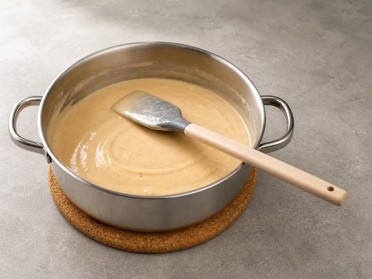 Mezcla brillante de maple y malvaviscos en una olla, después de incorporar la canela y la sal de mar fina