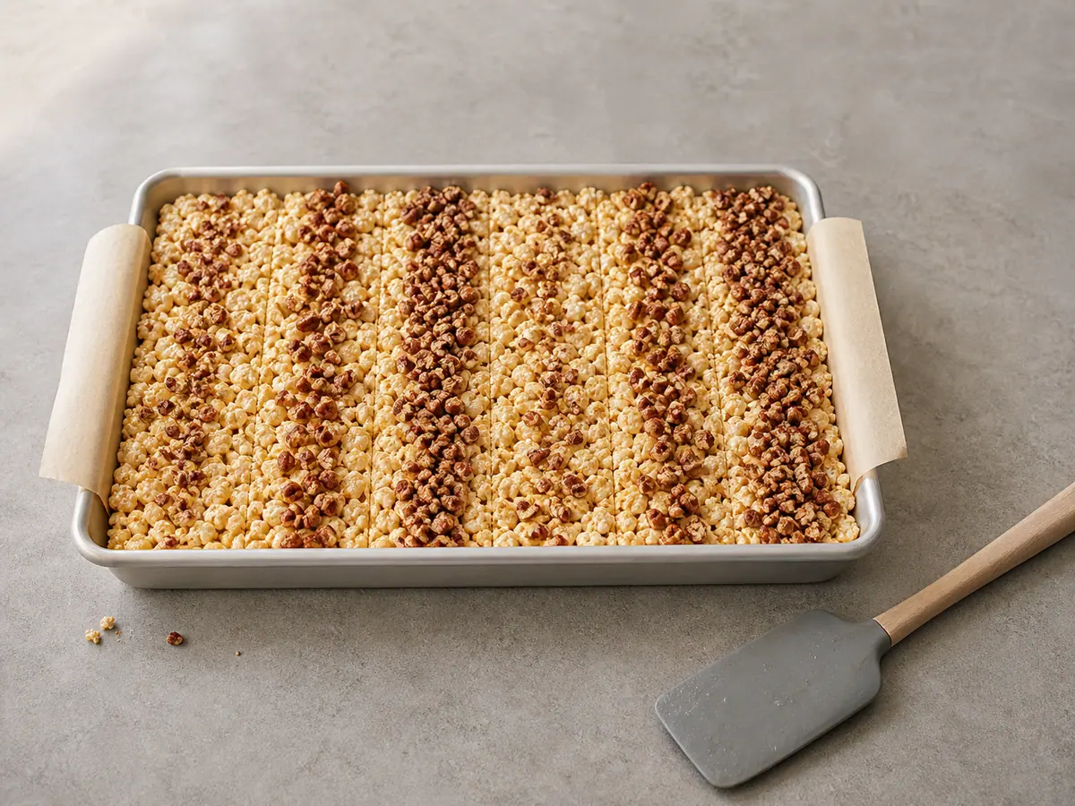 Plancha sin cortar de palomitas con maple y nuez pecana, con guía de dos columnas y dos series de franjas de nuez de menos a más