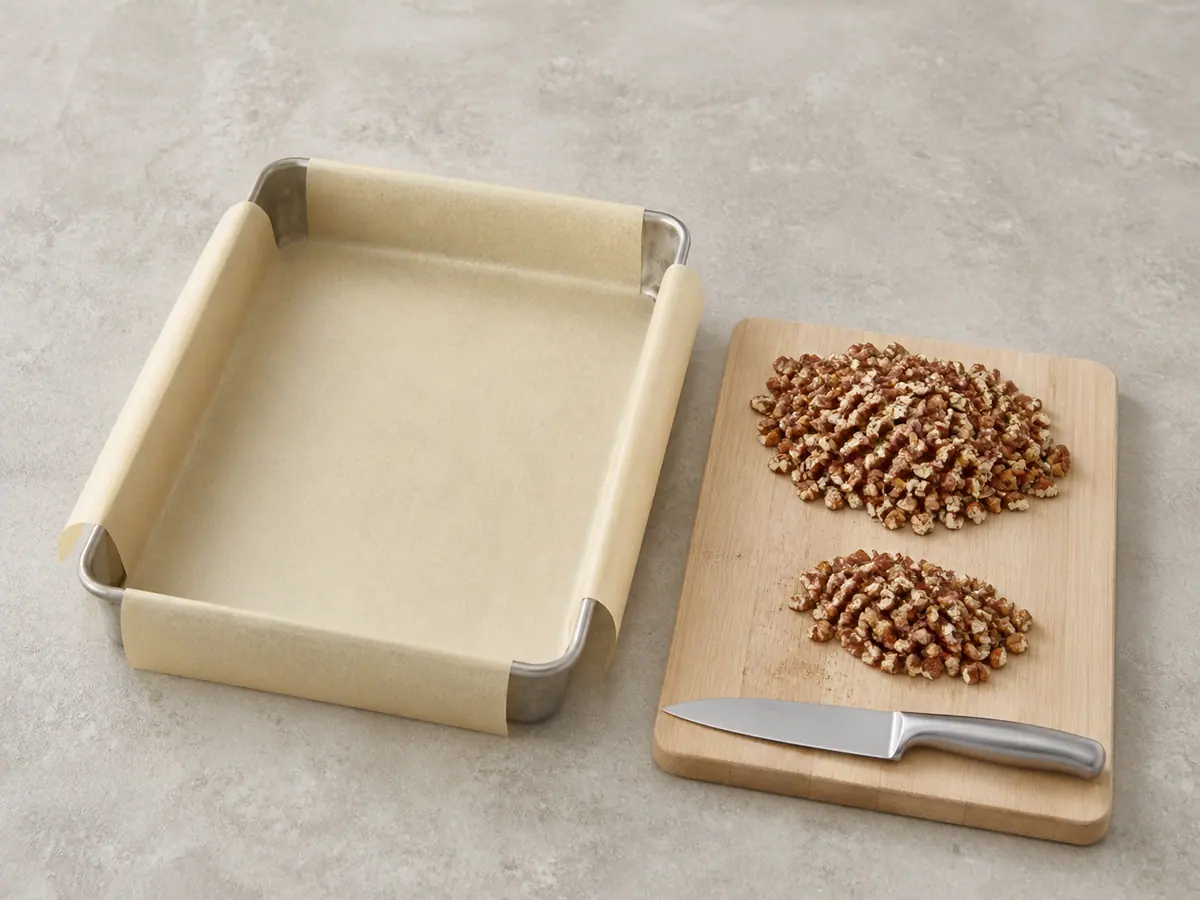 Molde forrado con papel para hornear junto a dos porciones separadas de nueces pecanas tostadas y picadas