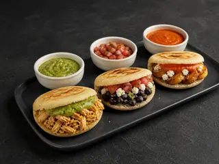 Tres mini arepas rellenas acompañadas con salsa verde, salsa de tomate y salsa de pimiento asado