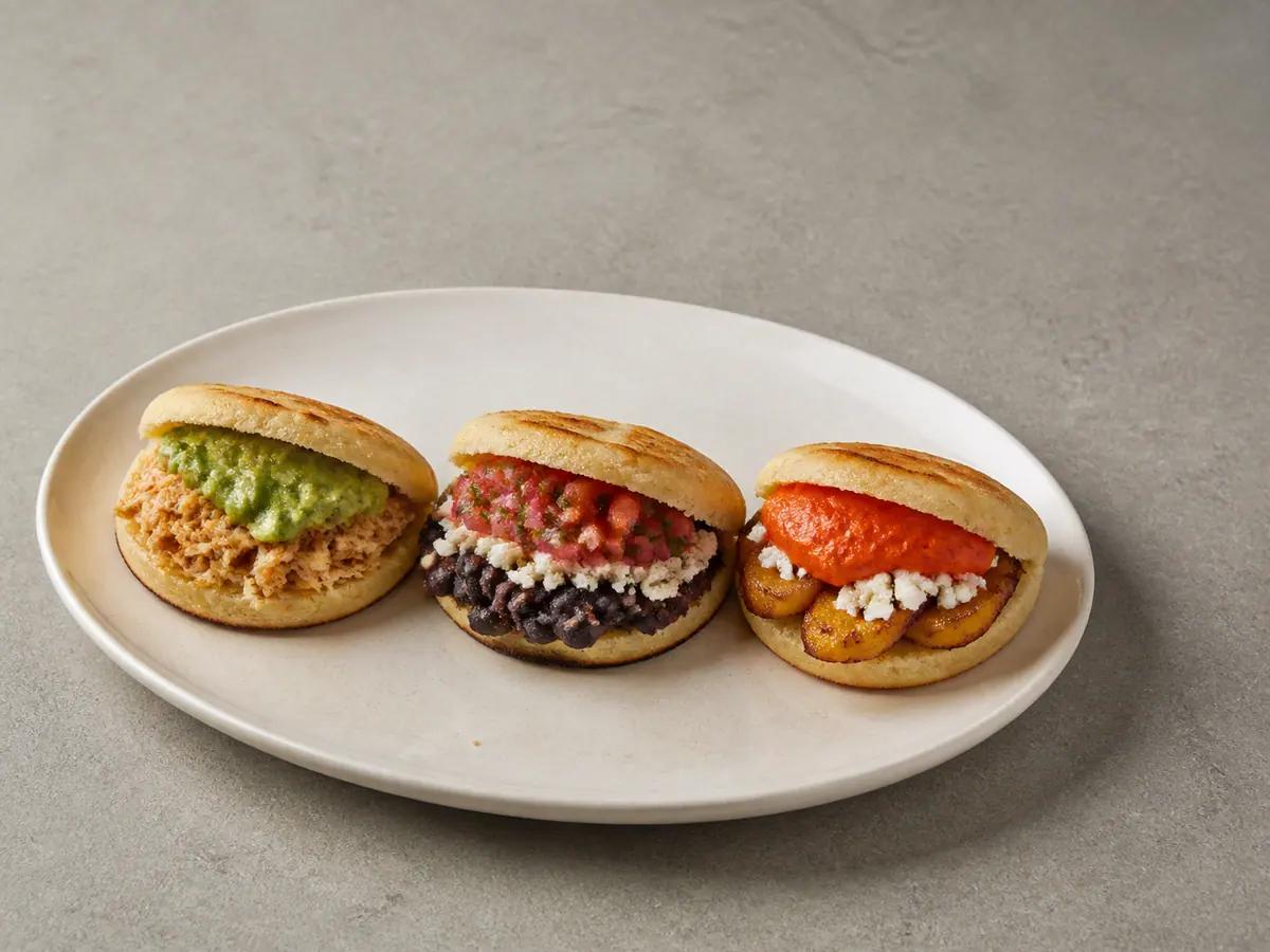 Três mini arepas mostrando as combinações de recheios de frango, feijão e banana-da-terra