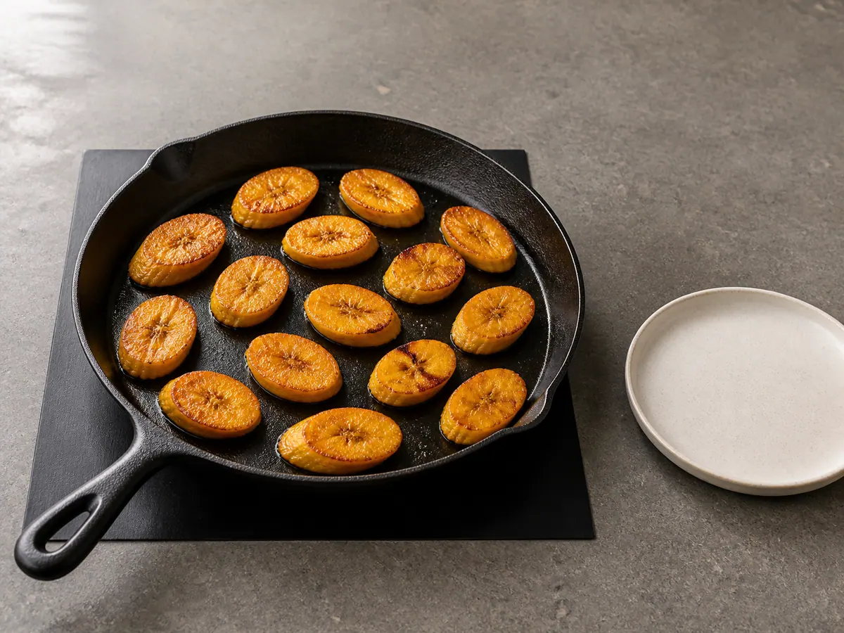 Rodelas de banana-da-terra madura, douradas e caramelizadas em uma única camada na frigideira