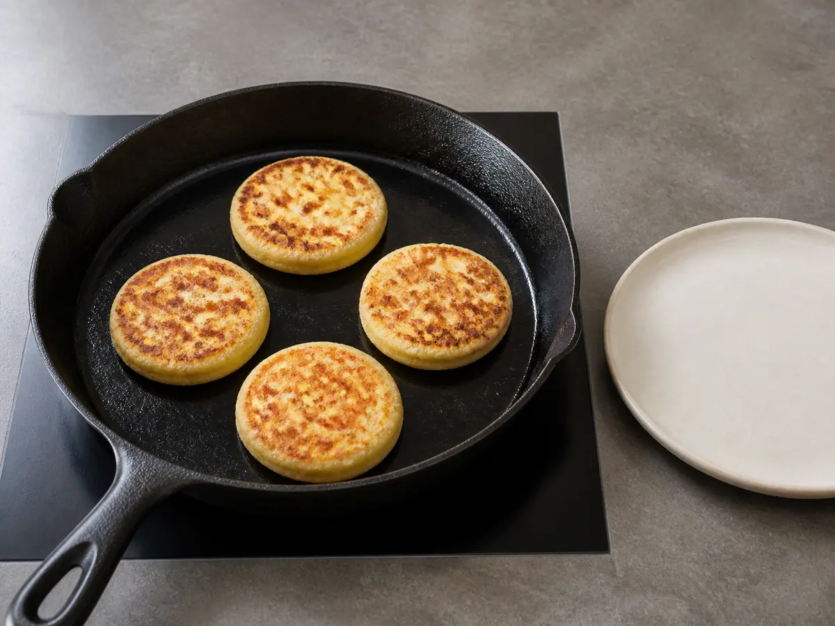 Mini arepas com manchas bem douradas em uma frigideira pesada, sem ficarem amontoadas