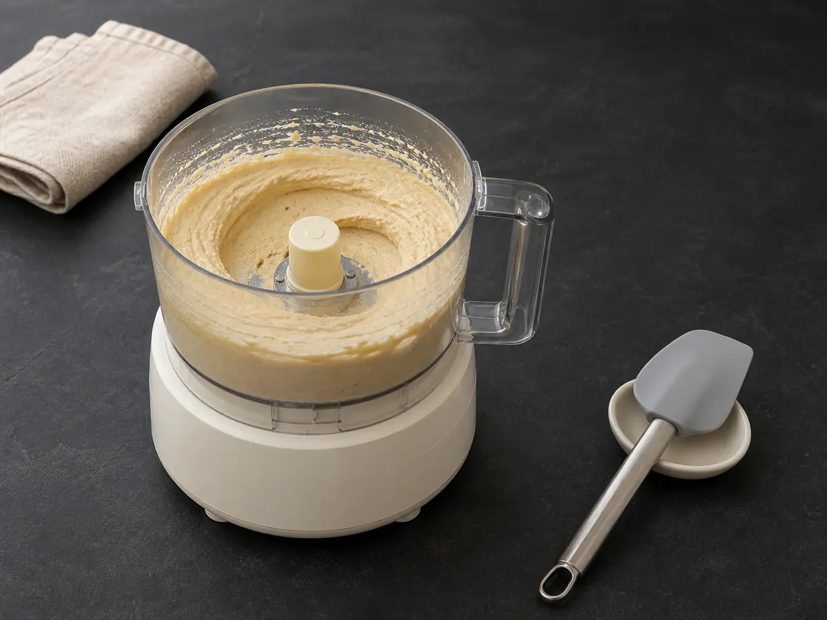 Smooth pale hummus clinging lightly to the bowl of a stopped food processor