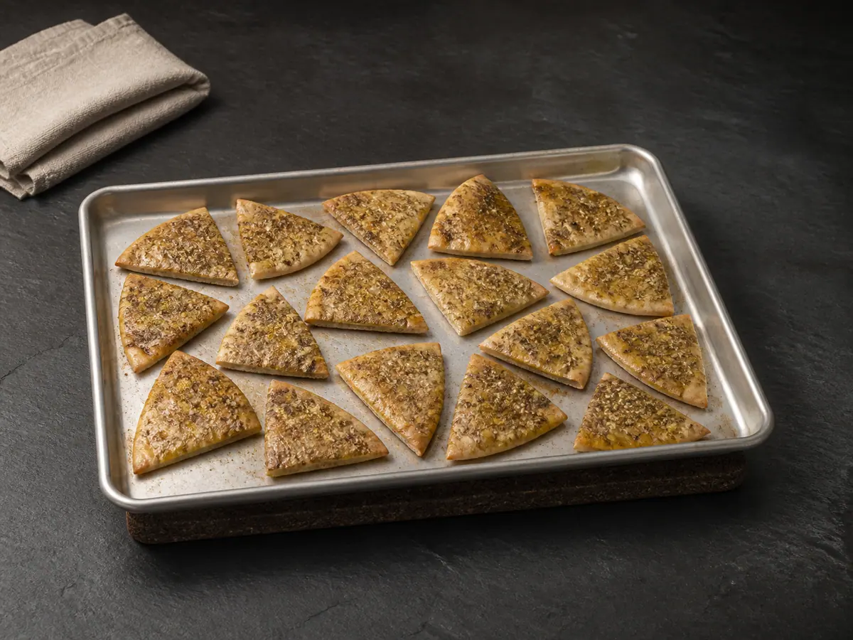 Crisp za'atar pita wedges in one layer on a baking sheet with lightly browned edges