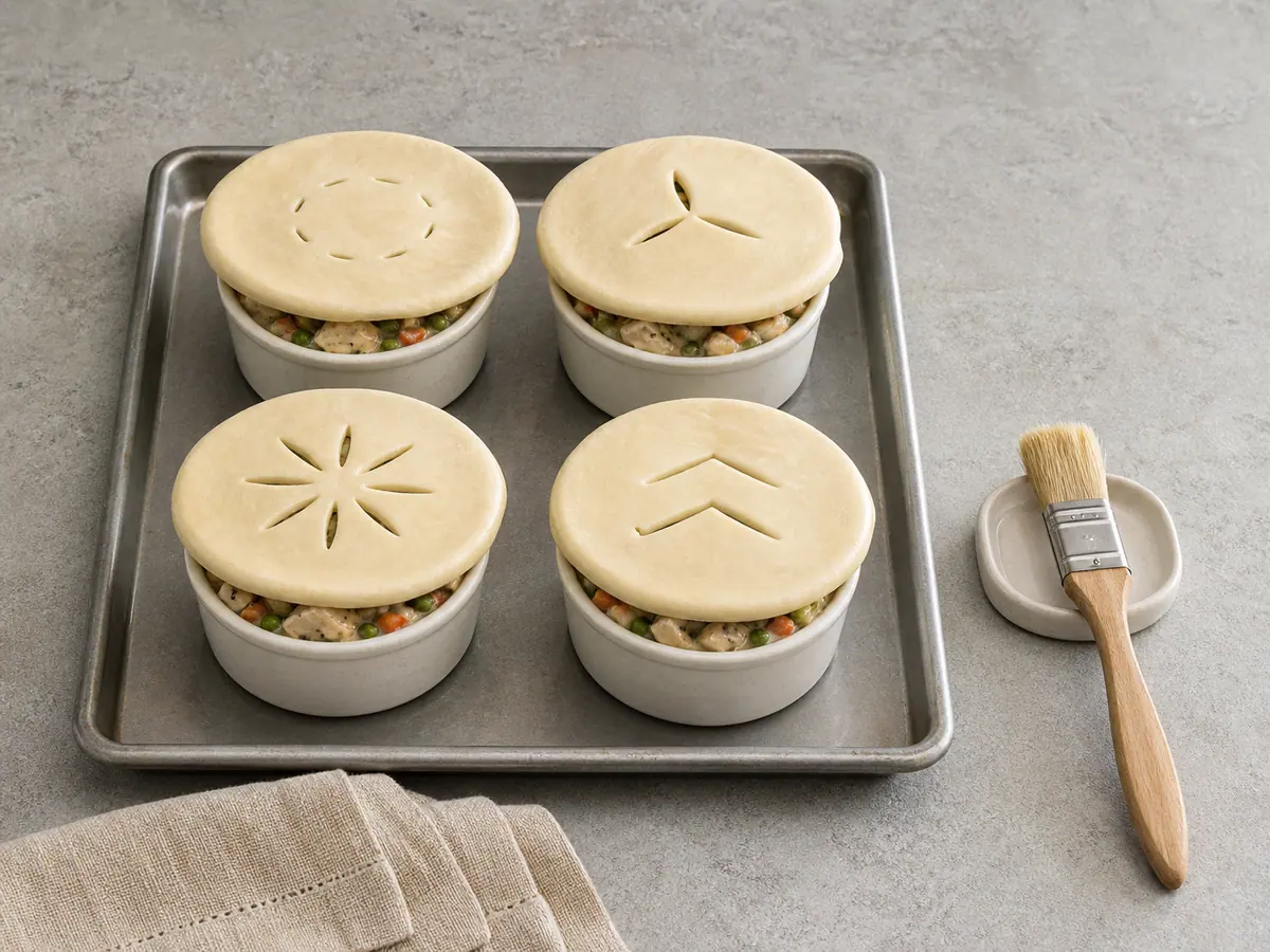 Four unbaked mini chicken pot pies with pale puff pastry lids and distinct steam-vent patterns on a sheet pan