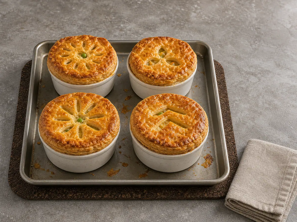 Four mini chicken pot pies baked deep golden with filling bubbling through the vents