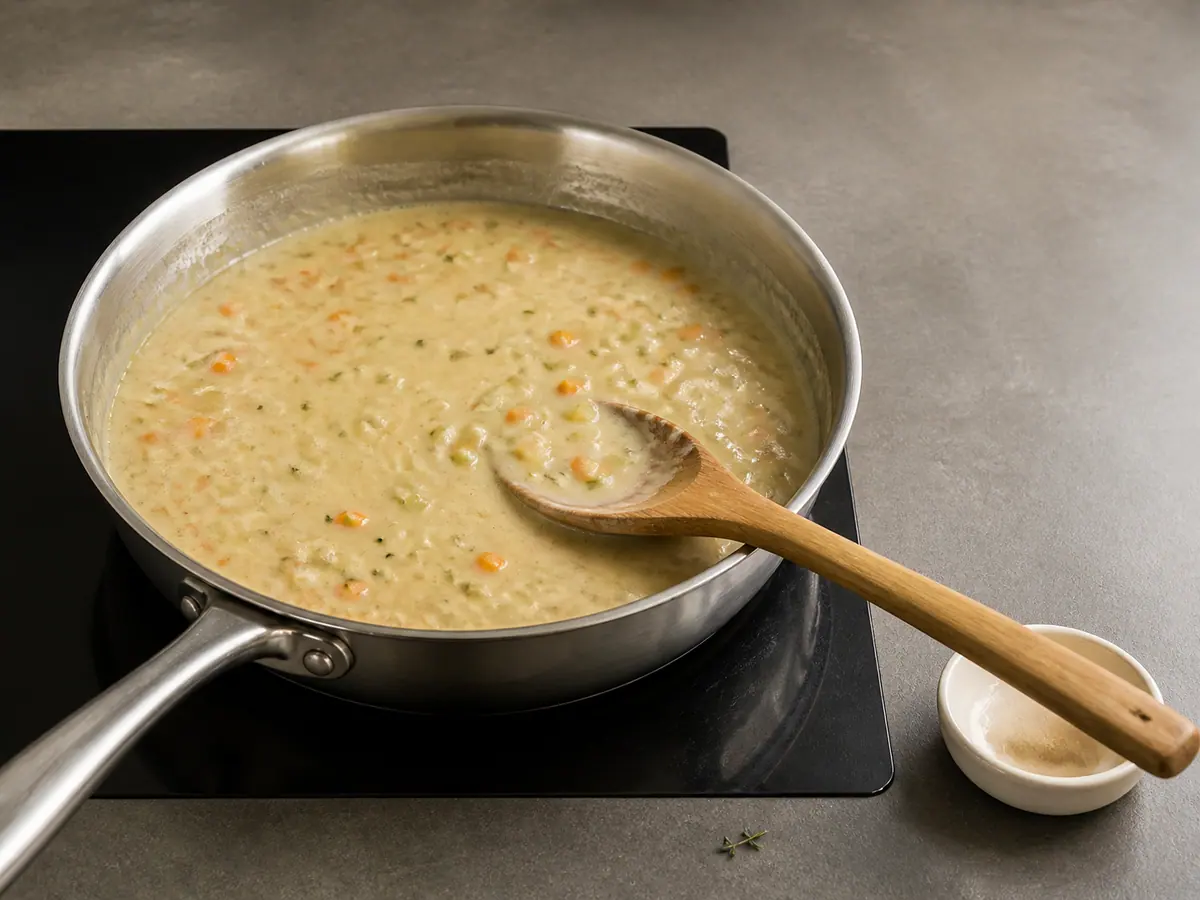Vegetable gravy simmering in a skillet until thick enough to coat a spoon