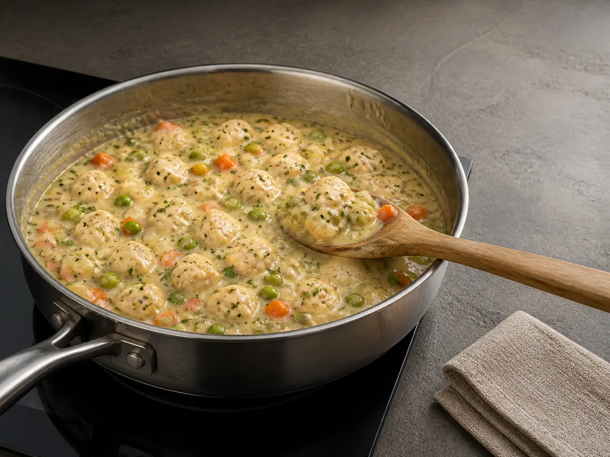Fully cooked chicken, peas, and herbs folded into thick pot pie filling