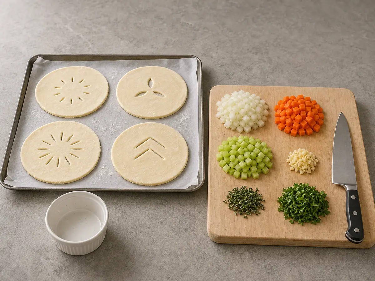 Prepared puff pastry lids with four vent patterns beside evenly cut vegetables
