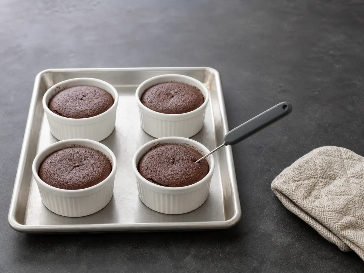 Quatro bolinhos de chocolate assados nos ramequins, com a sonda do termômetro inserida na massa do bolinho
