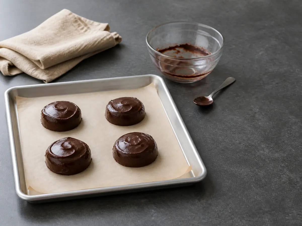 Quatro porções macias de ganache sobre papel-manteiga para os bolinhos de chocolate com centro derretido