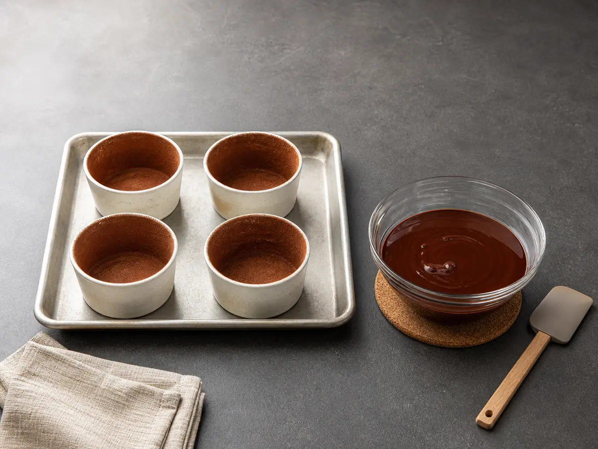 Quatro ramequins polvilhados com cacau ao lado de uma tigela com chocolate amargo e manteiga derretidos e lisos
